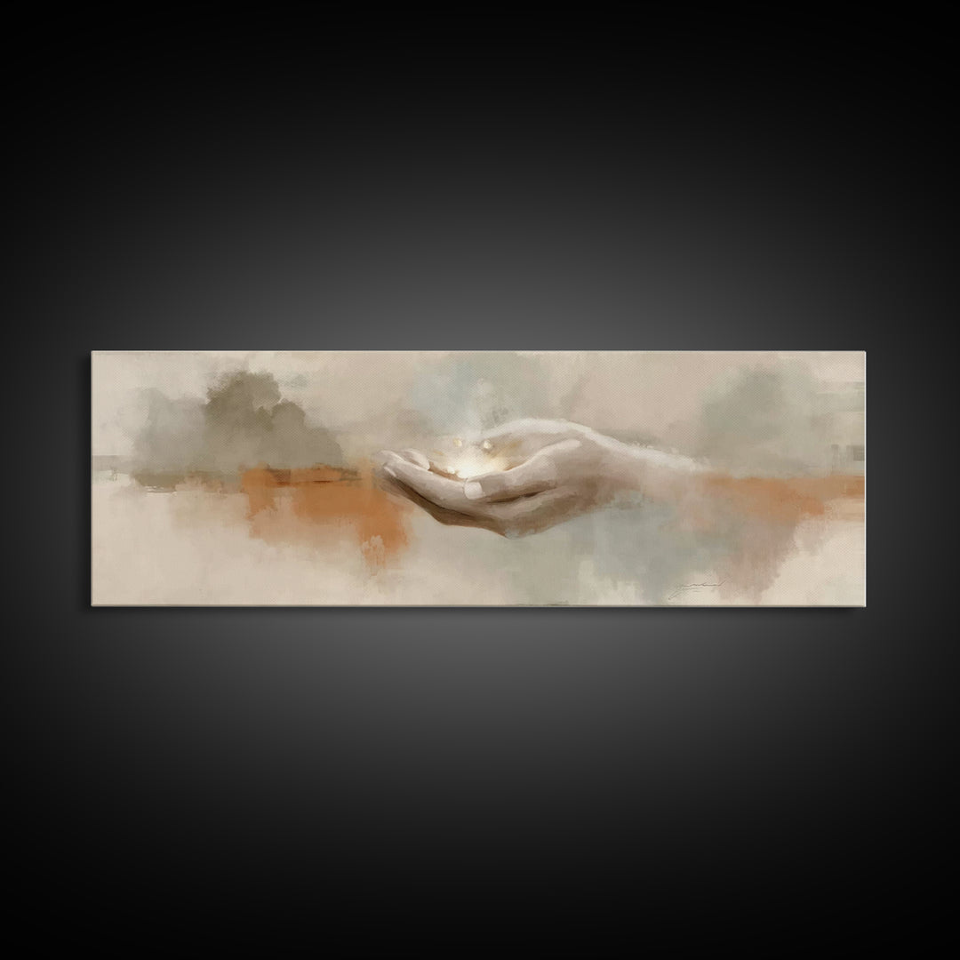 Grace In His Hands, Framed Canvas Print, Panoramic Wall Art, Christian Art Prints, Modern Christian Art, Jesus Art Print, Christian Decor
