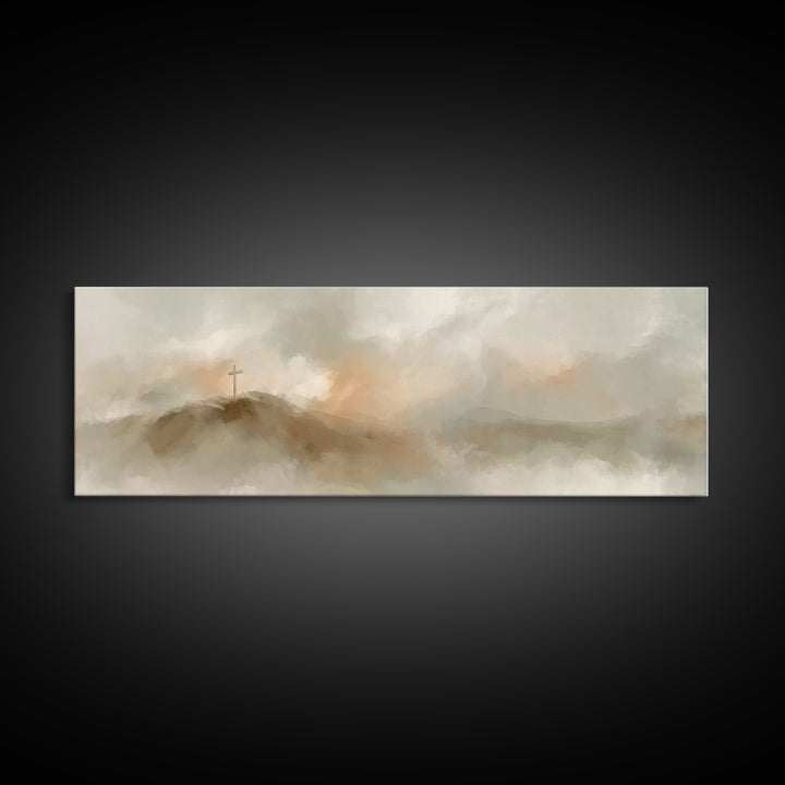 Cross On The Hill – Framed Canvas Print – Christian Art Print – Panoramic Painting – Christian Wall Art – Vintage Christian Art – Christian