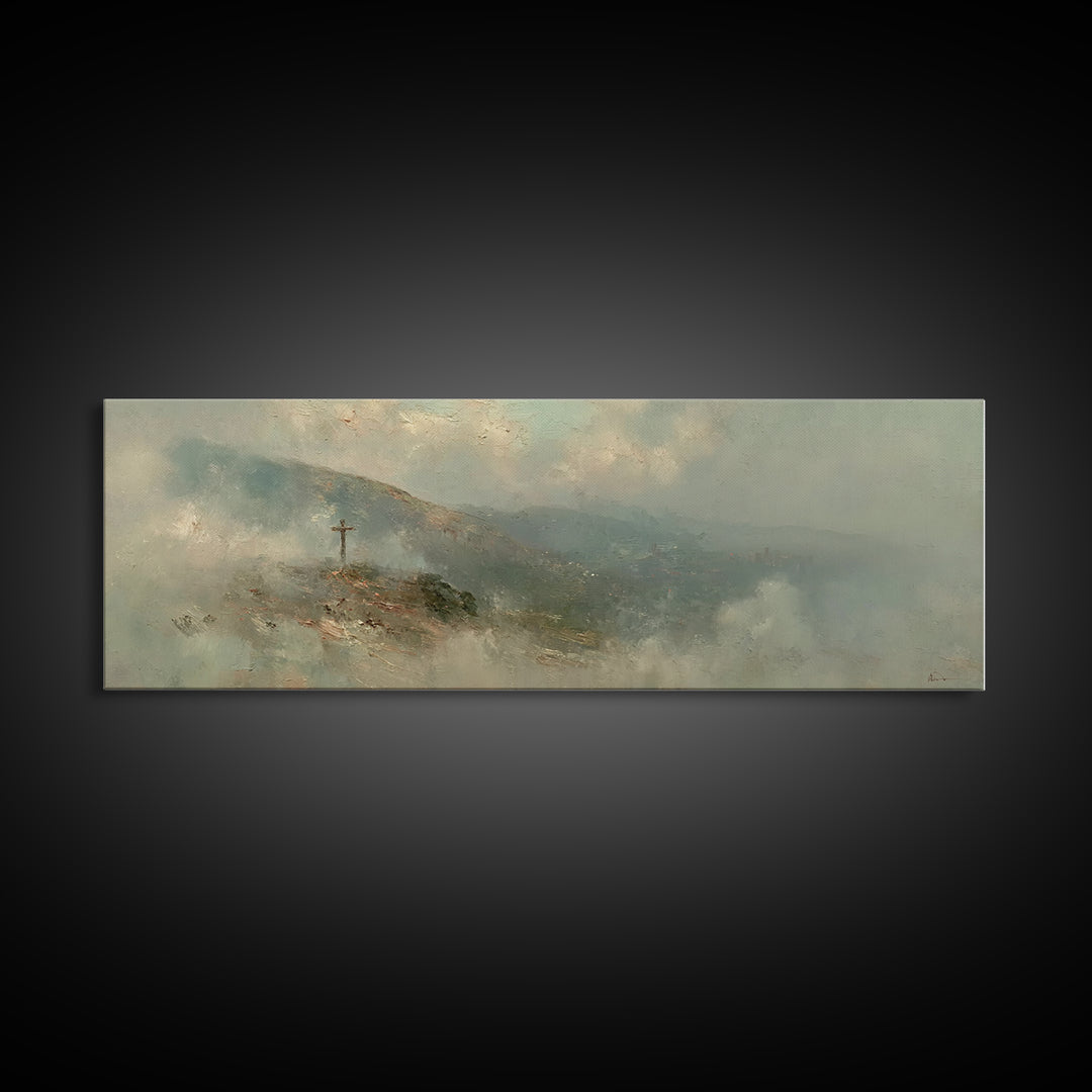 Sacred Summit, Framed Canvas Print, Christian Wall Art, Panoramic Print, Christian Art Canvas, Christian Painting, Christian Decoration