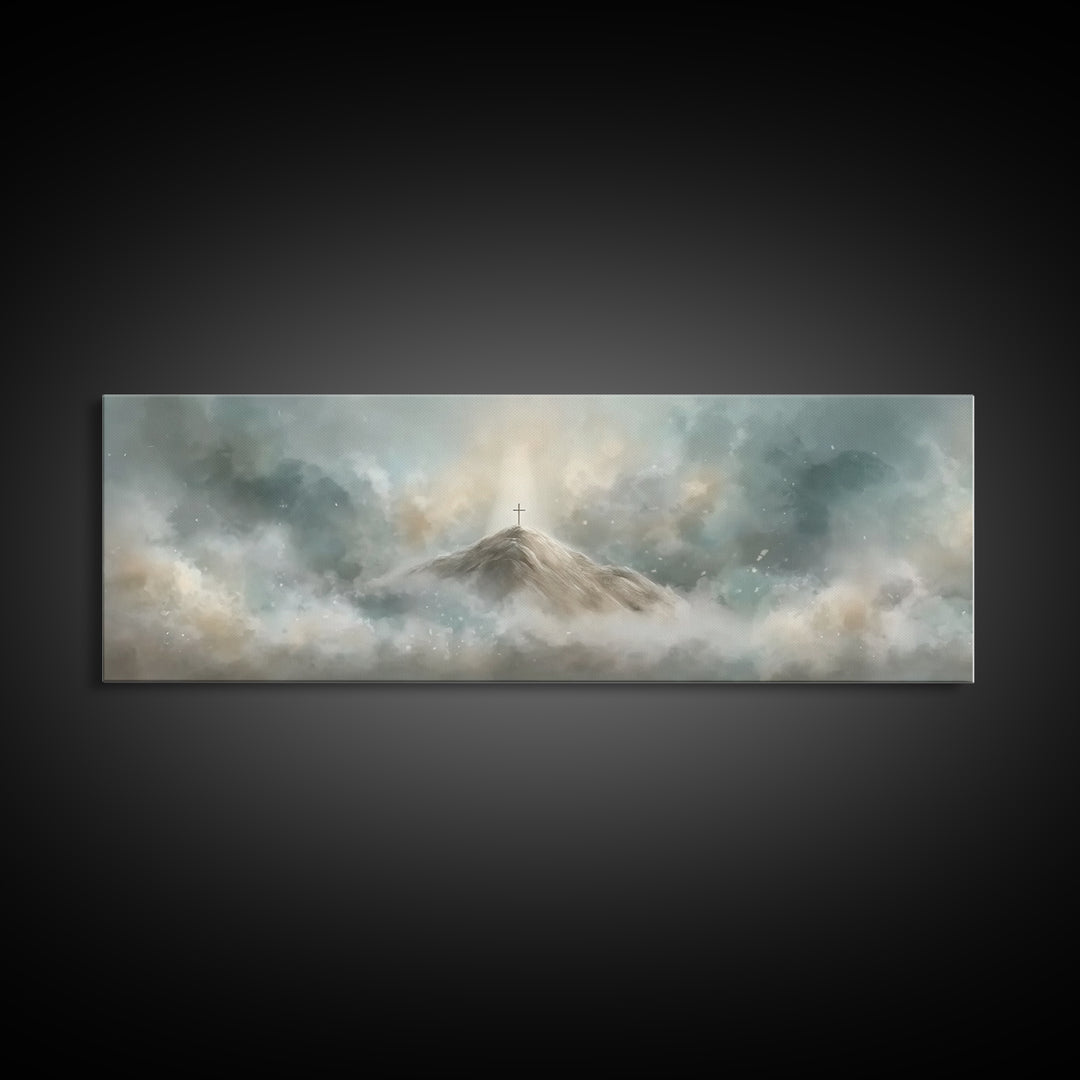 Peaceful Crossrise, Framed Canvas Print, Christian Art Print, Panoramic Painting, Christian Wall Art, Subtle Christian Art, Christian Gift