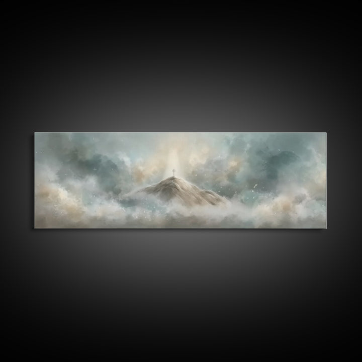 Peaceful Crossrise, Framed Canvas Print, Christian Art Print, Panoramic Painting, Christian Wall Art, Subtle Christian Art, Christian Gift