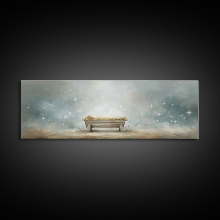 Starry Night Manger, Framed Canvas Print, Christian Christmas Art, Panoramic Art, Christian Wall Art, Jesus Painting