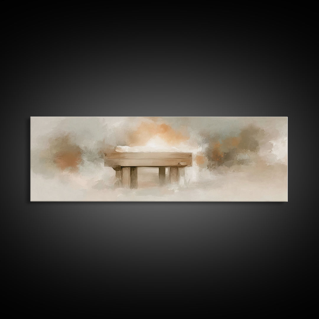 Humble Birth Glow - Framed Canvas Print - Christian Wall Art - Panoramic Painting - Christian Gift - Jesus Painting
