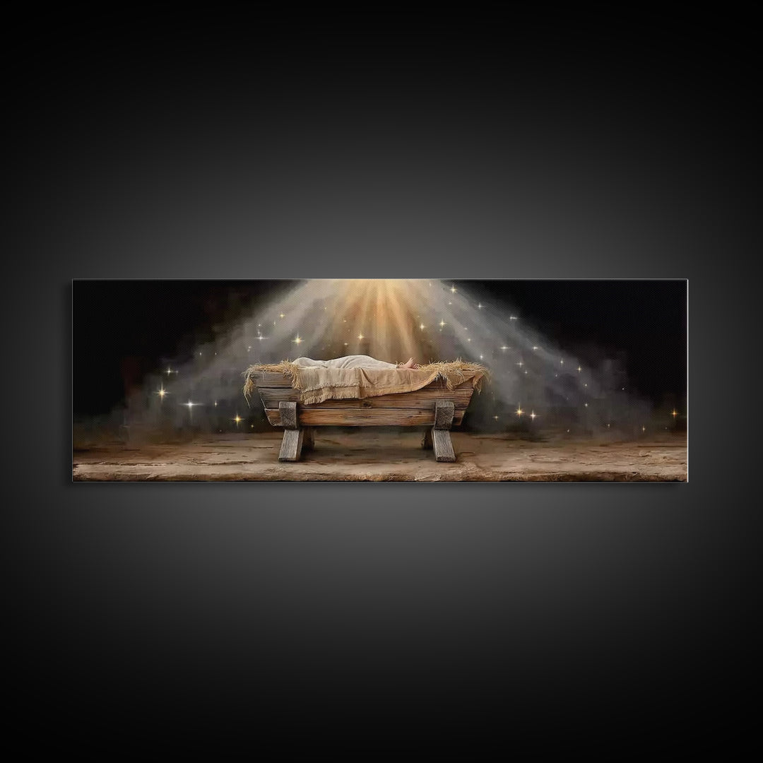 Silent Night Shelter, Framed Canvas Print, Christian Art Canvas, Panoramic Print, Christmas Art, Christian Wall Art