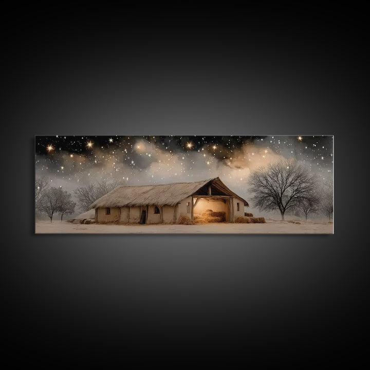 Starry Stable Night – Framed Canvas Print – Christian Christmas Art – Panoramic Painting – Christmas Wall Art – Christian Decor