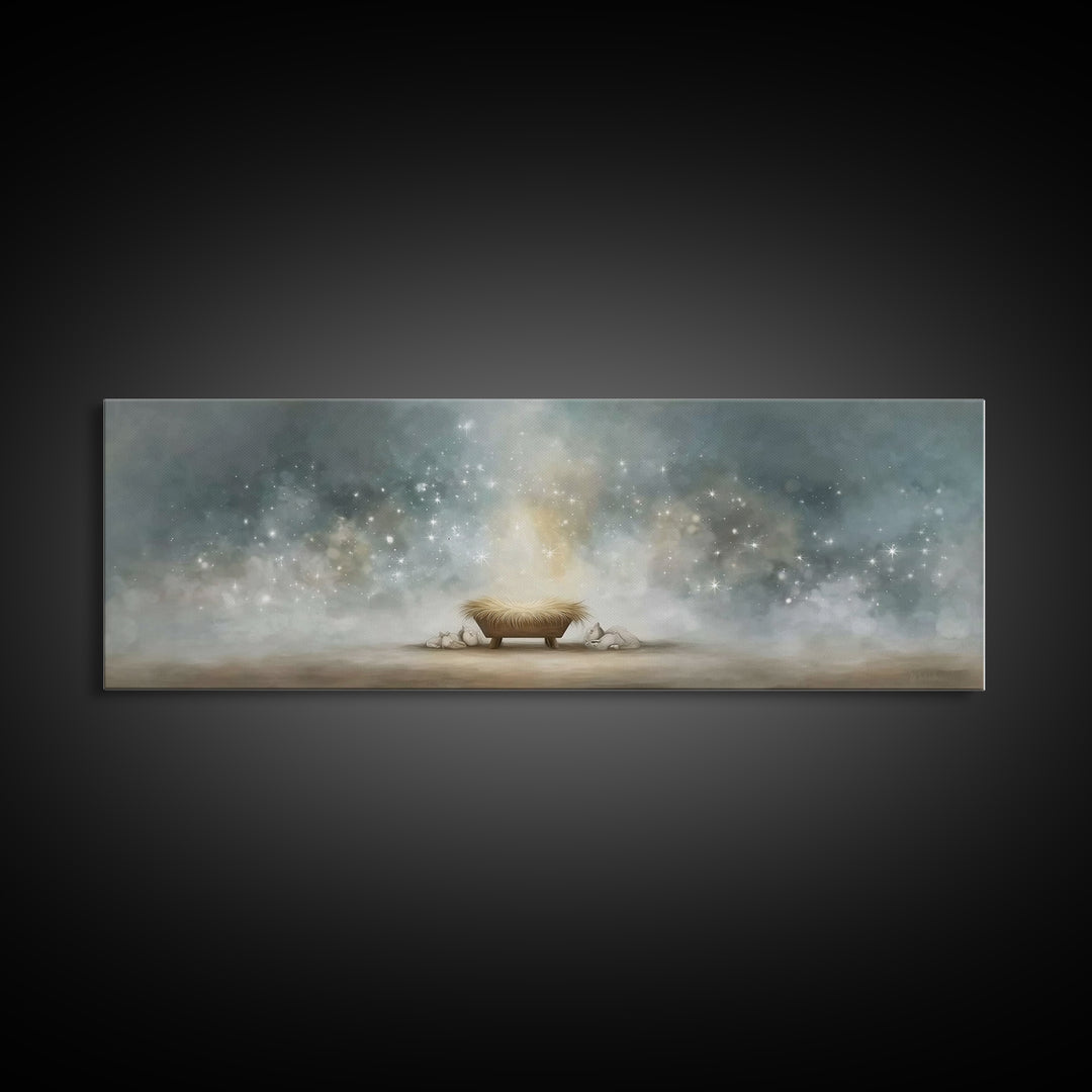 Heavenly Cradle Light, Framed Canvas Print, Panoramic Art, Christian Wall Art, Christmas Art Prints, Christian Art Canvas