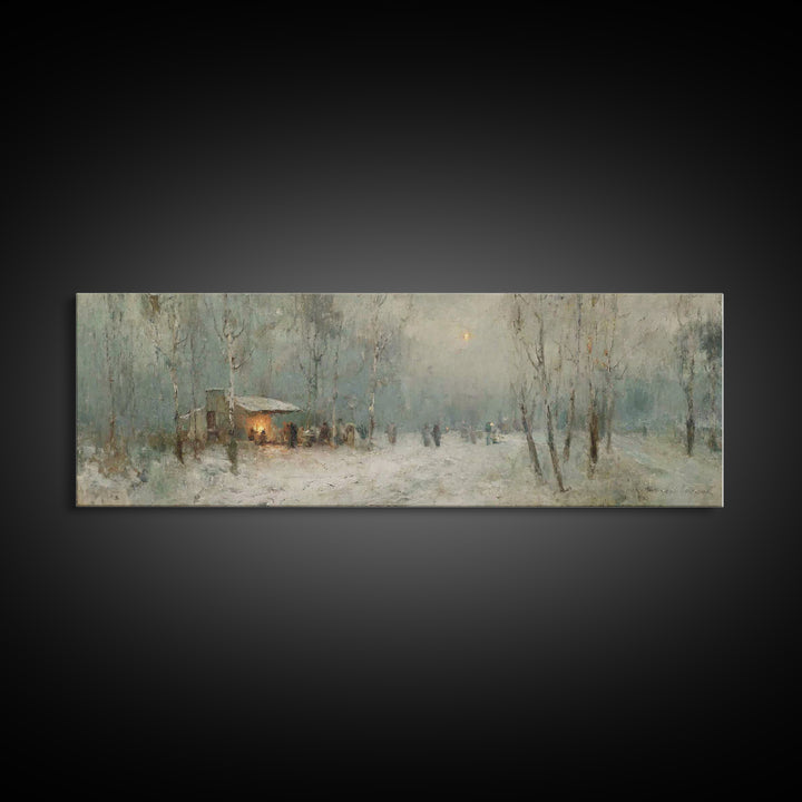 Winter Gathering Glow | Framed Canvas Print | Christian Wall Art | Panoramic Print | Christmas Art | Christian Gift Ideas
