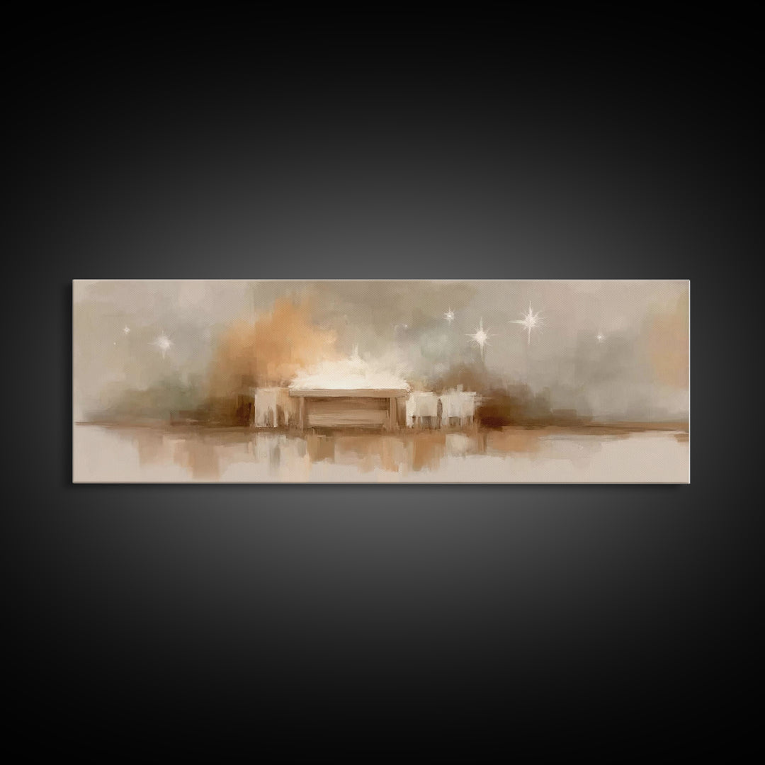 Holy Nativity Light, Framed Canvas Print, Christian Art Canvas, Panoramic Wall Art, Christmas Art, Christian Christmas Decor