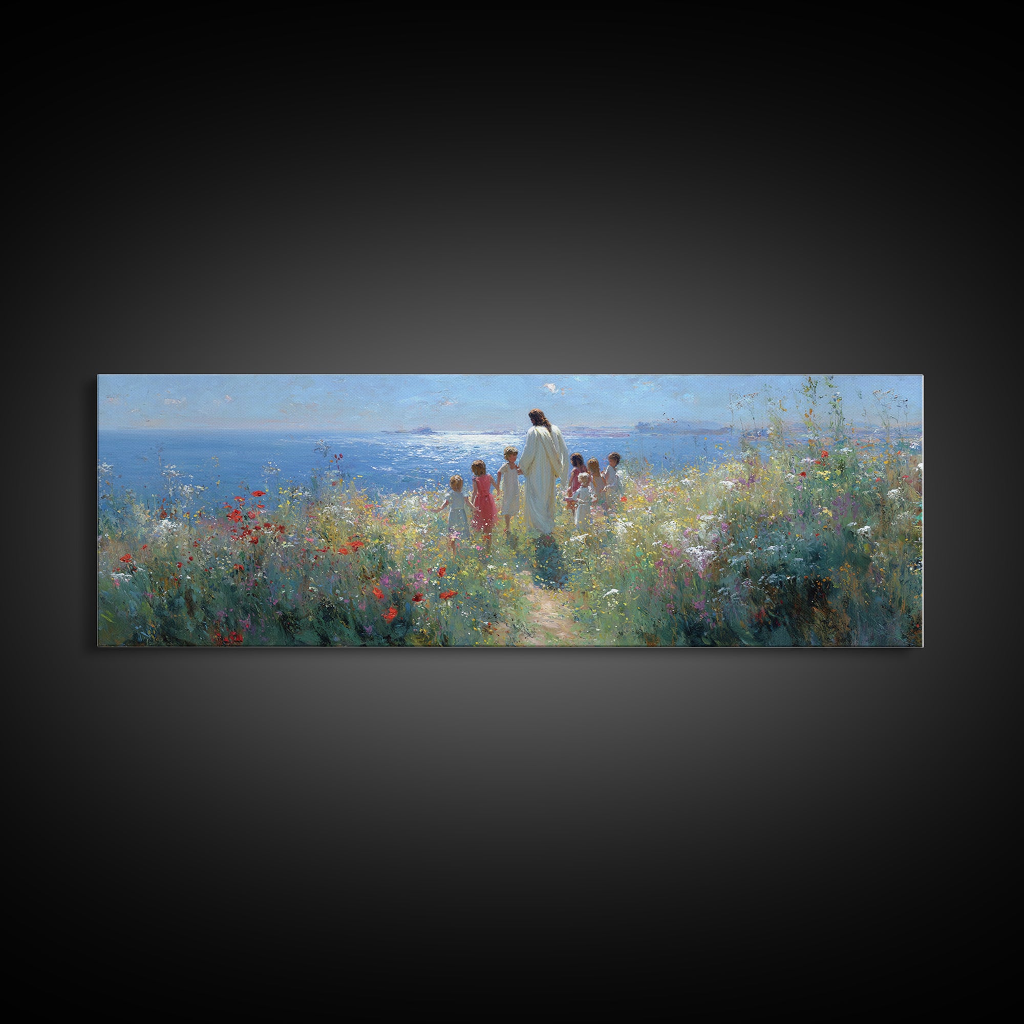 Gentle Dawn Presence | Framed Canvas Print | Christian Wall Art | Panoramic Painting | Christian Art Print | Jesus Painting