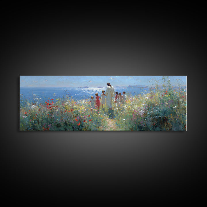 Gentle Dawn Presence | Framed Canvas Print | Christian Wall Art | Panoramic Painting | Christian Art Print | Jesus Painting