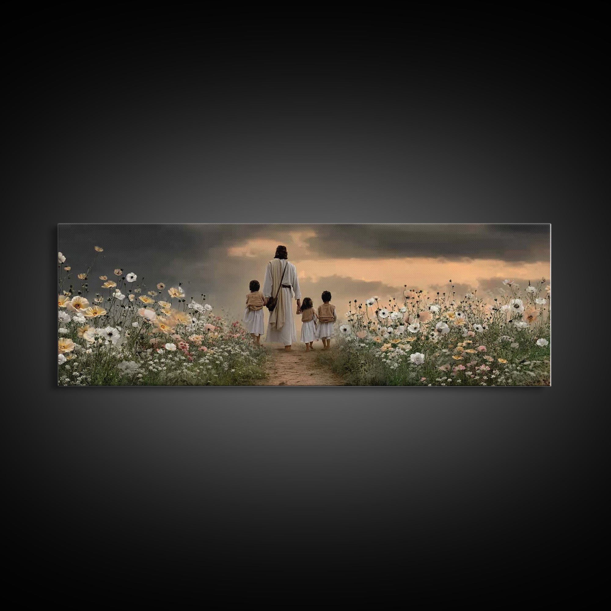 Children Of His Path, Framed Canvas Print, Panoramic Wall Art, Christian Art Canvas, Jesus Painting, Christian Decor For Home