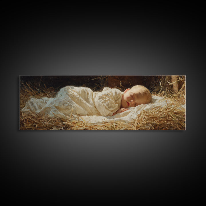 Manger Peace Glow | Framed Canvas Print | Panoramic Painting | Christian Christmas Art | Jesus Art Print | Christmas Wall Art