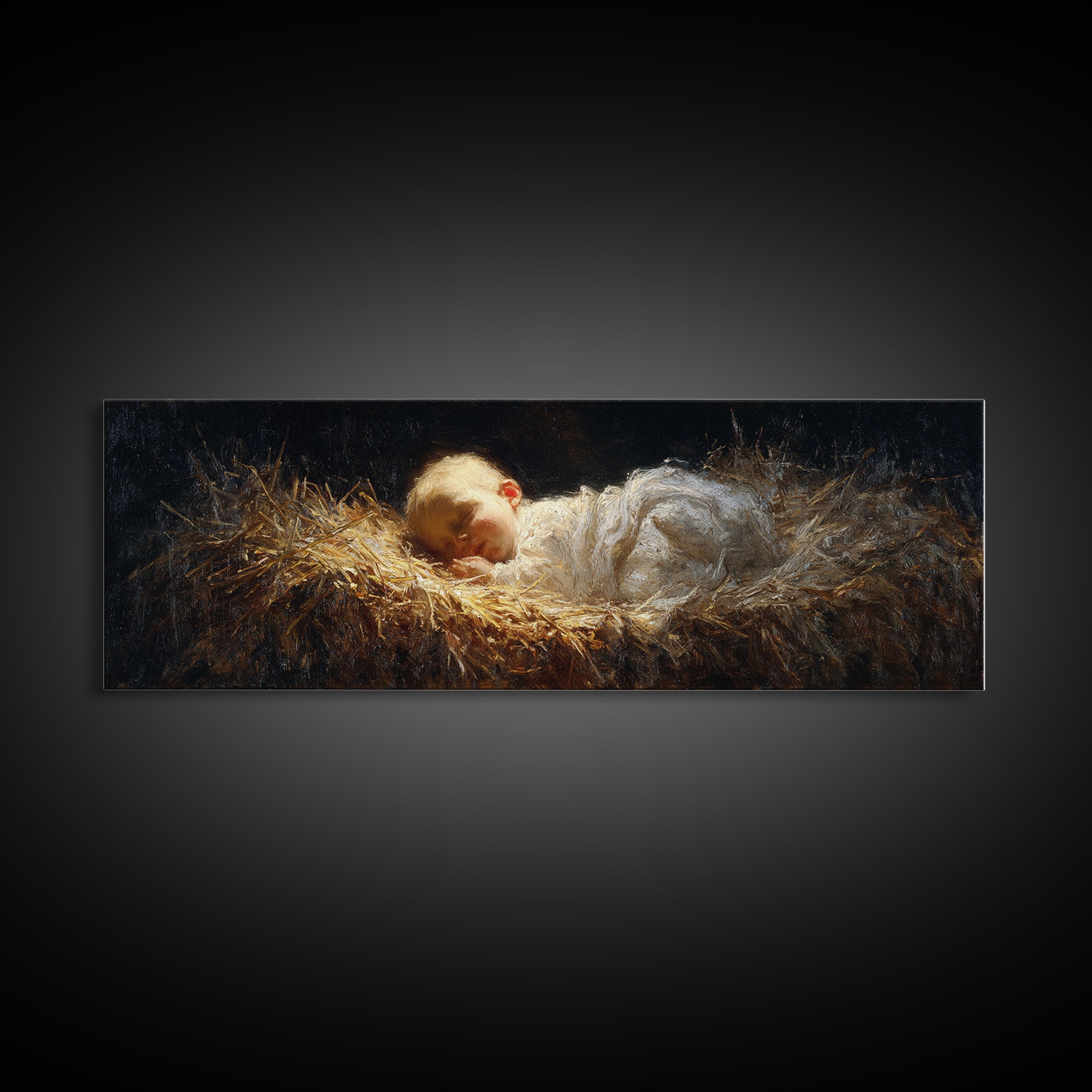 Divine Infant Rest - Framed Canvas Print - Christian Christmas Art - Panoramic Art - Christmas Wall Art - Jesus Painting