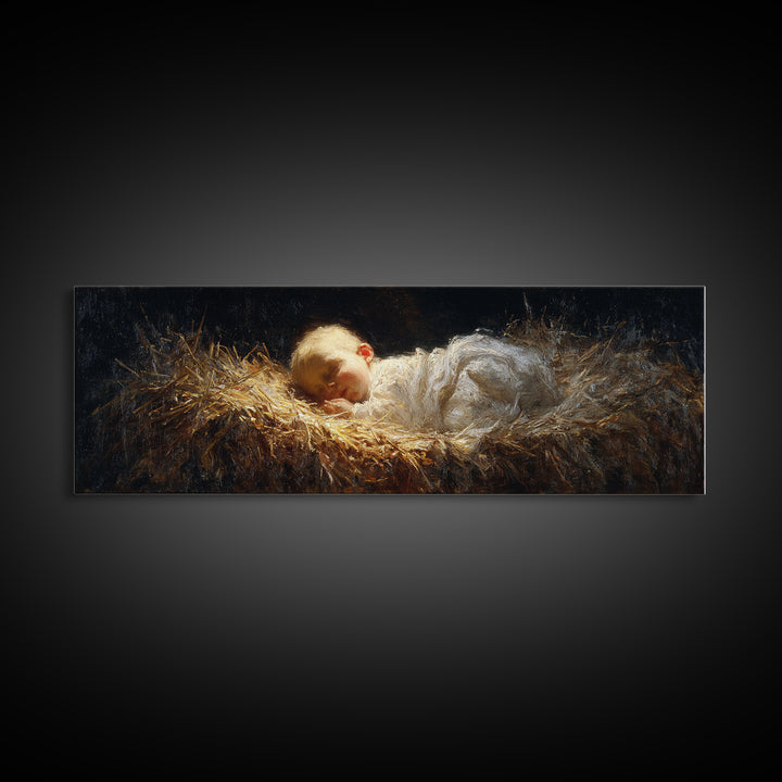 Divine Infant Rest - Framed Canvas Print - Christian Christmas Art - Panoramic Art - Christmas Wall Art - Jesus Painting