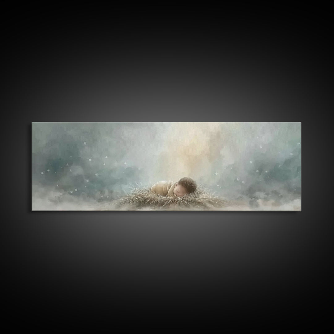 Heaven’s Gentle Gift – Framed Canvas Print – Panoramic Art – Christian Christmas Art – Christian Wall Art – Jesus Art Print