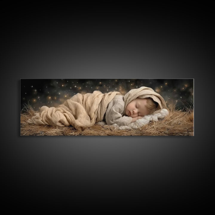 Silent Manger Peace | Framed Canvas Print | Christian Art Canvas | Christmas Wall Art | Jesus Christmas Art | Panoramic Painting | Christia