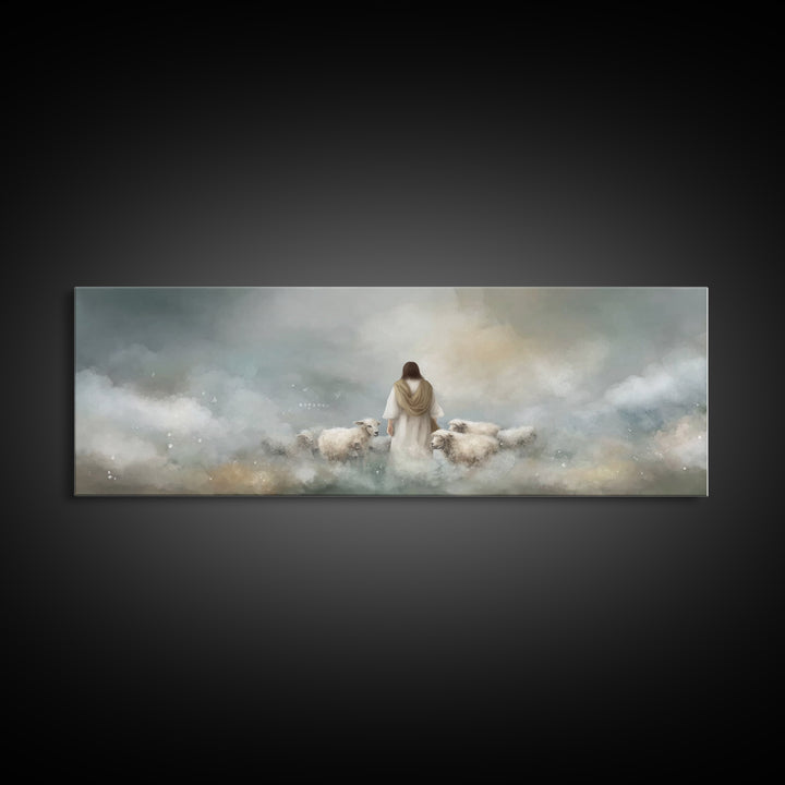 The Gentle Shepherd, Framed Canvas Print, Christian Art Canvas, Jesus Painting, Christian Wall Art, Panoramic Painting, Christian Gift Idea