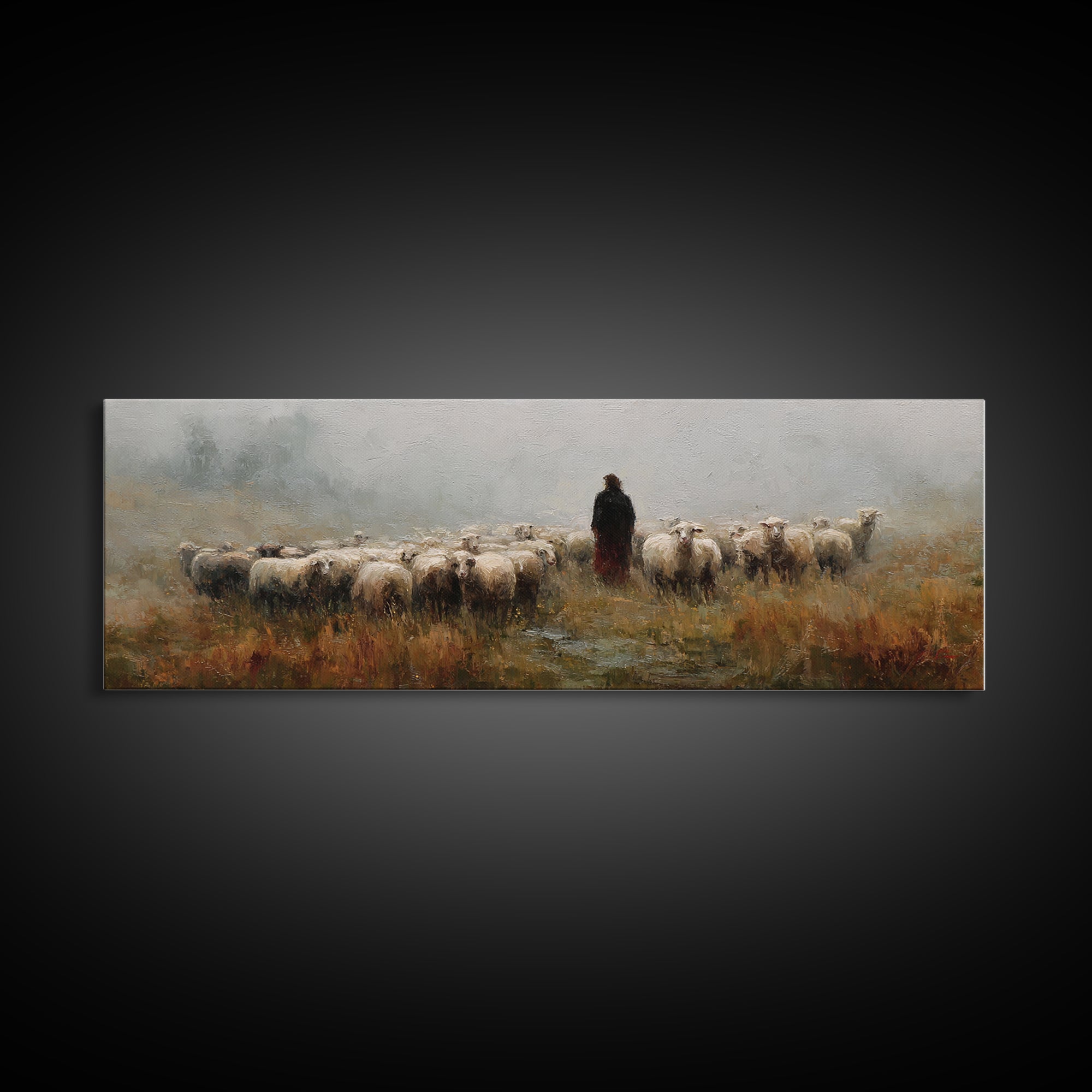 Fields Of His Care – Framed Canvas Print – Christian Art Print – Christian Wall Art – Jesus Painting – Panoramic Wall Art – Christian Chris