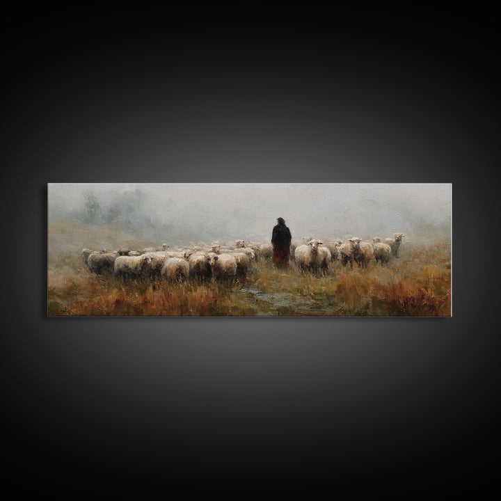 Fields Of His Care – Framed Canvas Print – Christian Art Print – Christian Wall Art – Jesus Painting – Panoramic Wall Art – Christian Chris