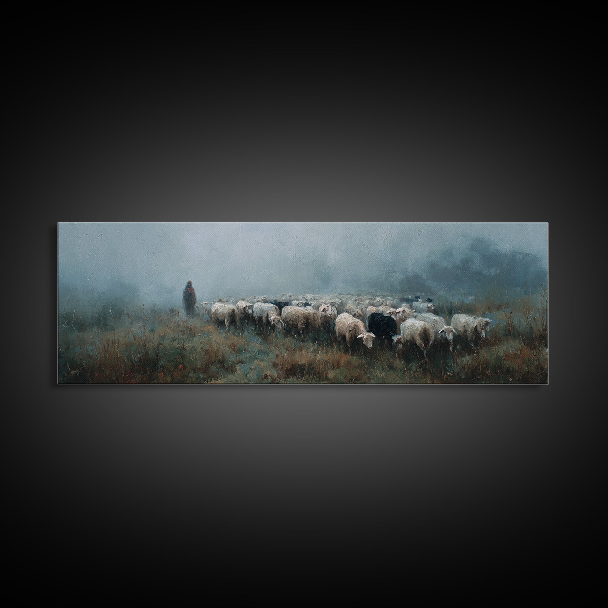 Morning Flock Grace – Framed Canvas Print – Christian Wall Art – Christian Art Canvas – Pastoral Scenery – Panoramic Art – Christian Gift I