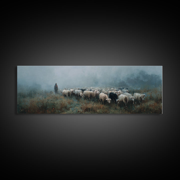 Morning Flock Grace – Framed Canvas Print – Christian Wall Art – Christian Art Canvas – Pastoral Scenery – Panoramic Art – Christian Gift I