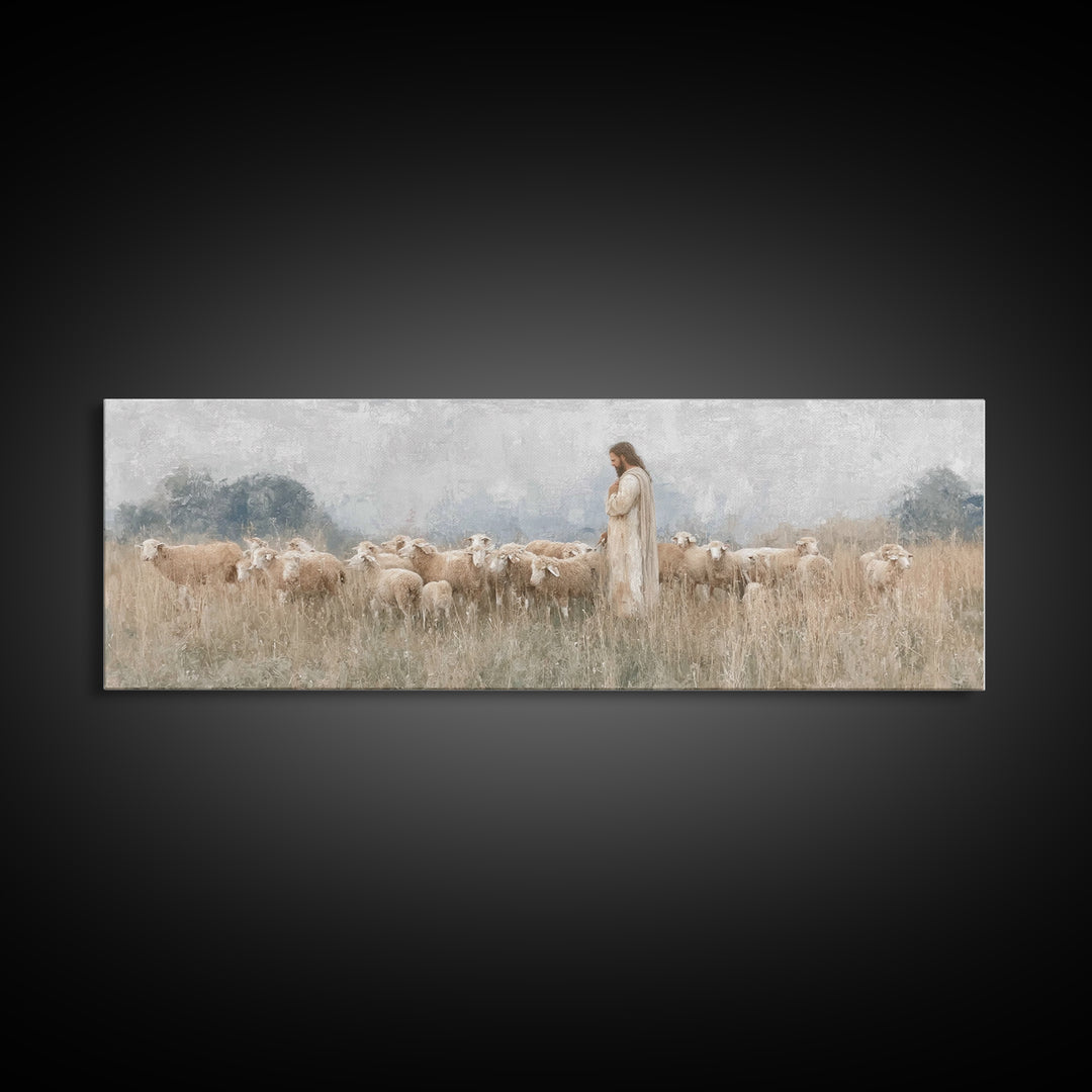 Gentle Shepherd Light | Framed Canvas Print | Panoramic Art | Christian Wall Art | Jesus Painting | Christmas Art