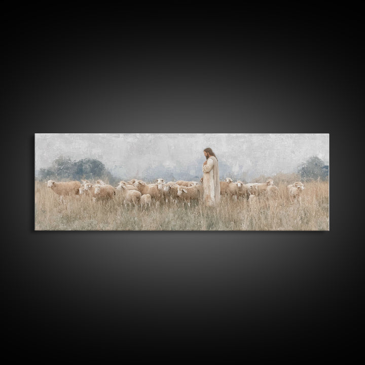 Gentle Shepherd Light | Framed Canvas Print | Panoramic Art | Christian Wall Art | Jesus Painting | Christmas Art