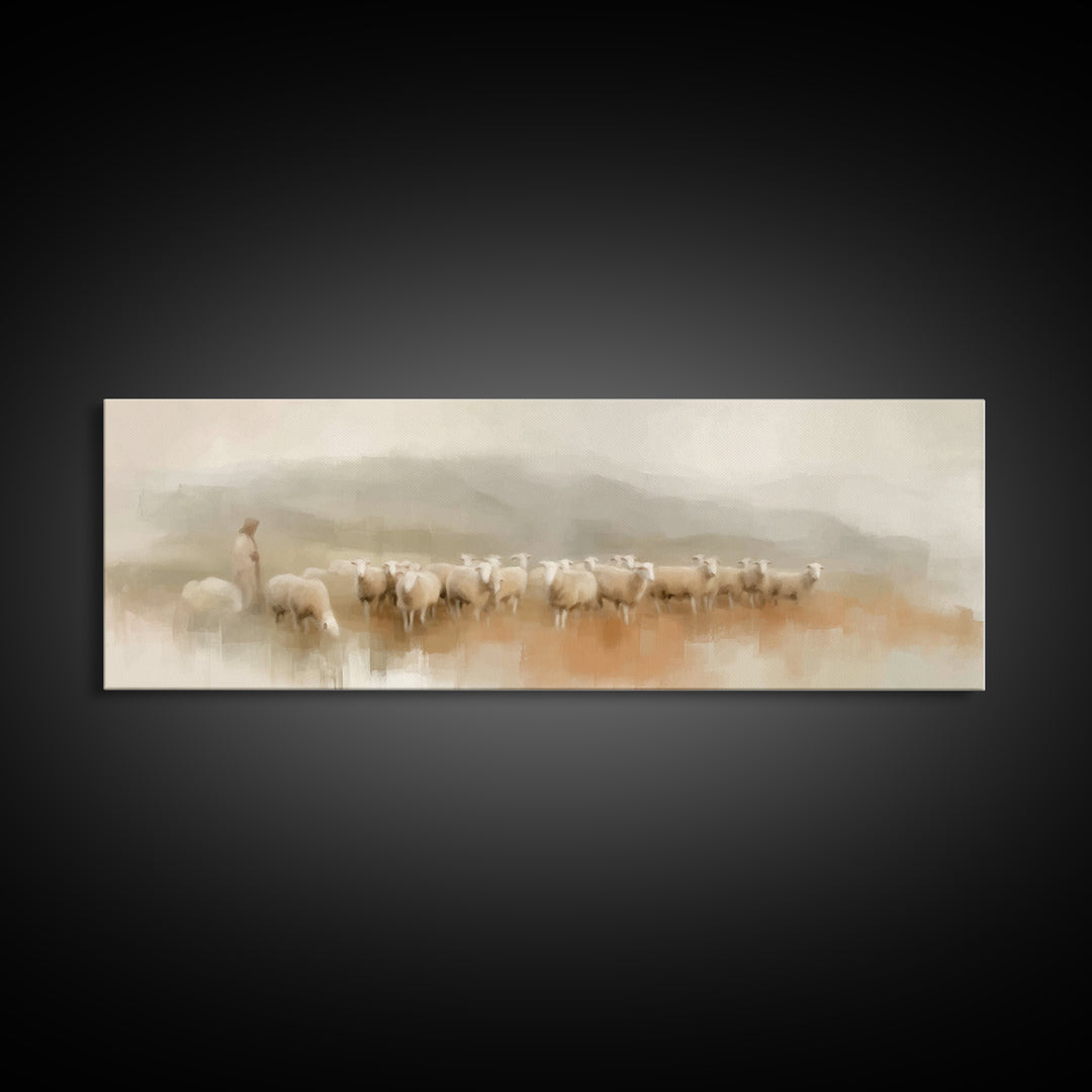 Morning Shepherd Peace, Framed Canvas Print, Panoramic Print, Christian Wall Art, Jesus Painting, Christmas Art