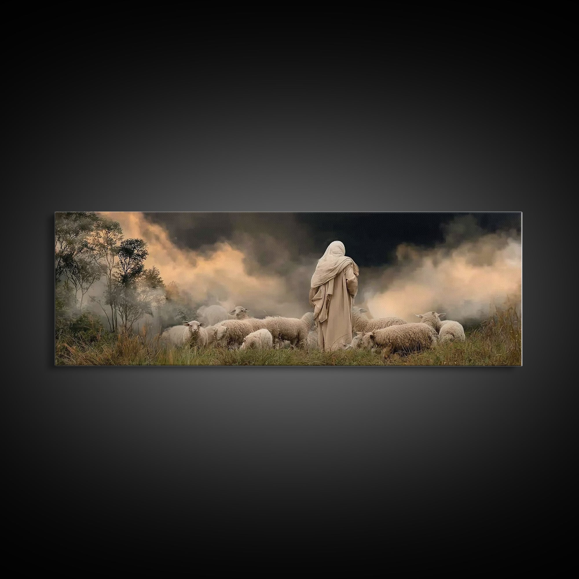 Shepherd’s Calm Dawn – Framed Canvas Print – Panoramic Art – Christian Art – Jesus Painting – Christmas Wall Art