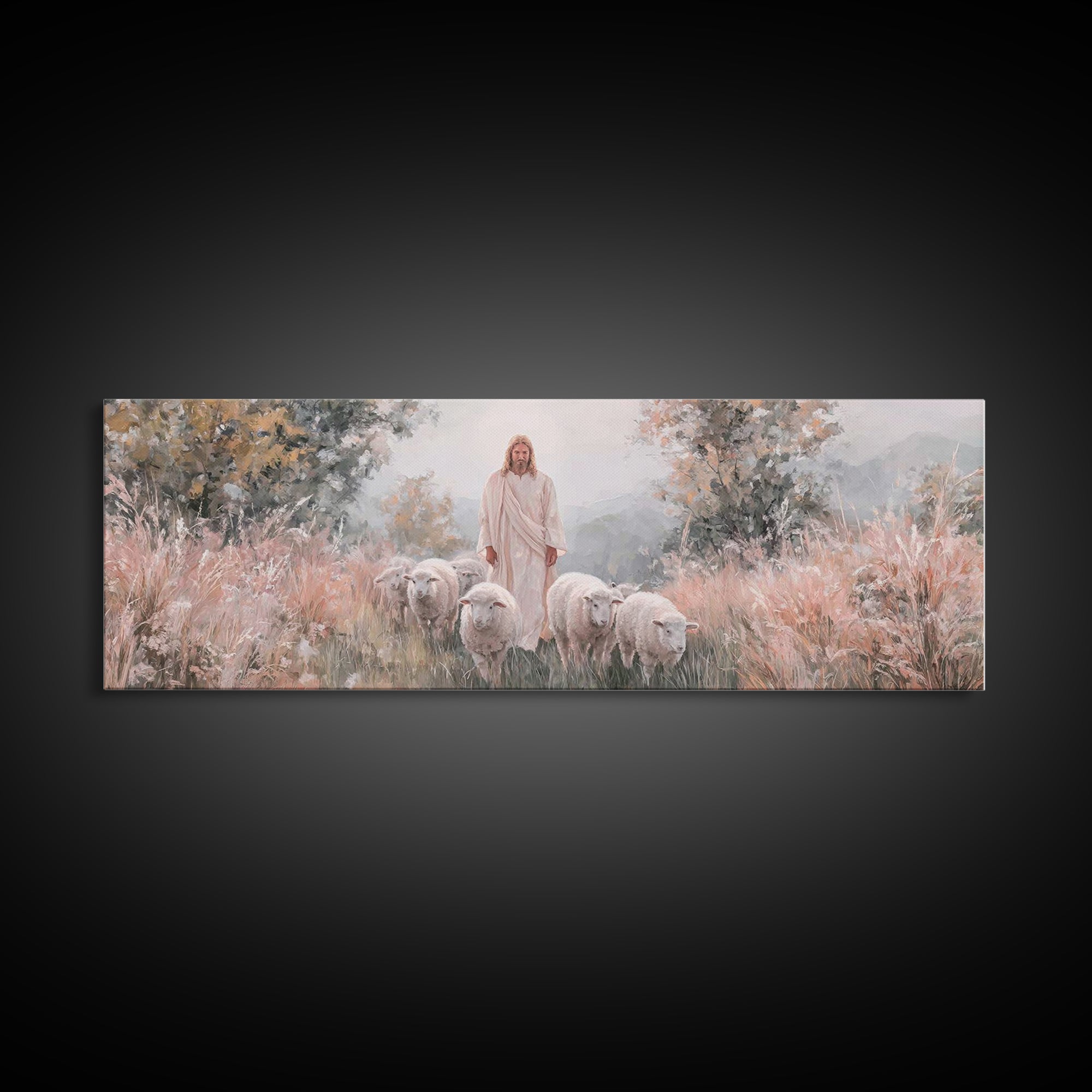 Everlasting Pasture, Framed Canvas Print, Panoramic Wall Art, Christian Art Canvas, Jesus Painting, Christmas Art