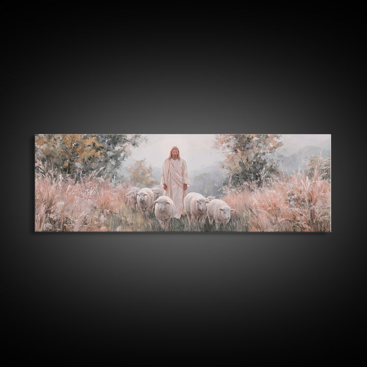 Everlasting Pasture, Framed Canvas Print, Panoramic Wall Art, Christian Art Canvas, Jesus Painting, Christmas Art