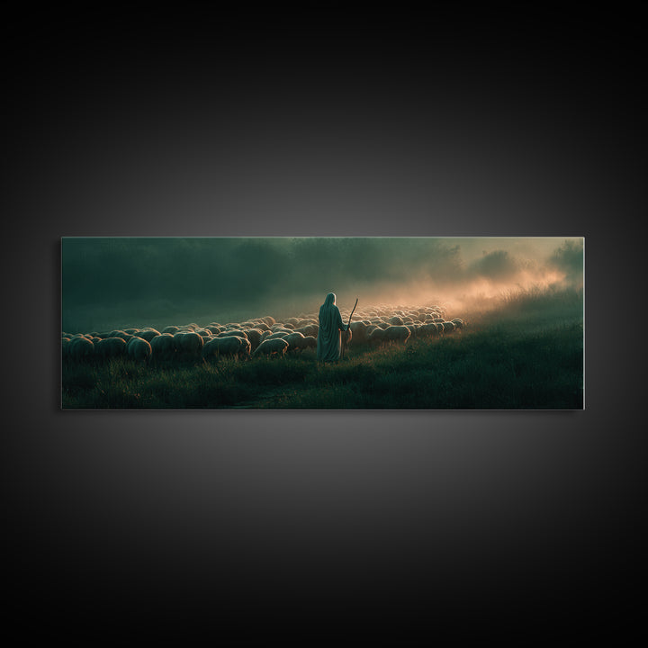 Shepherd’s Gentle Path | Framed Canvas Print | Panoramic Frame | Christian Art | Jesus Painting | Christmas Art
