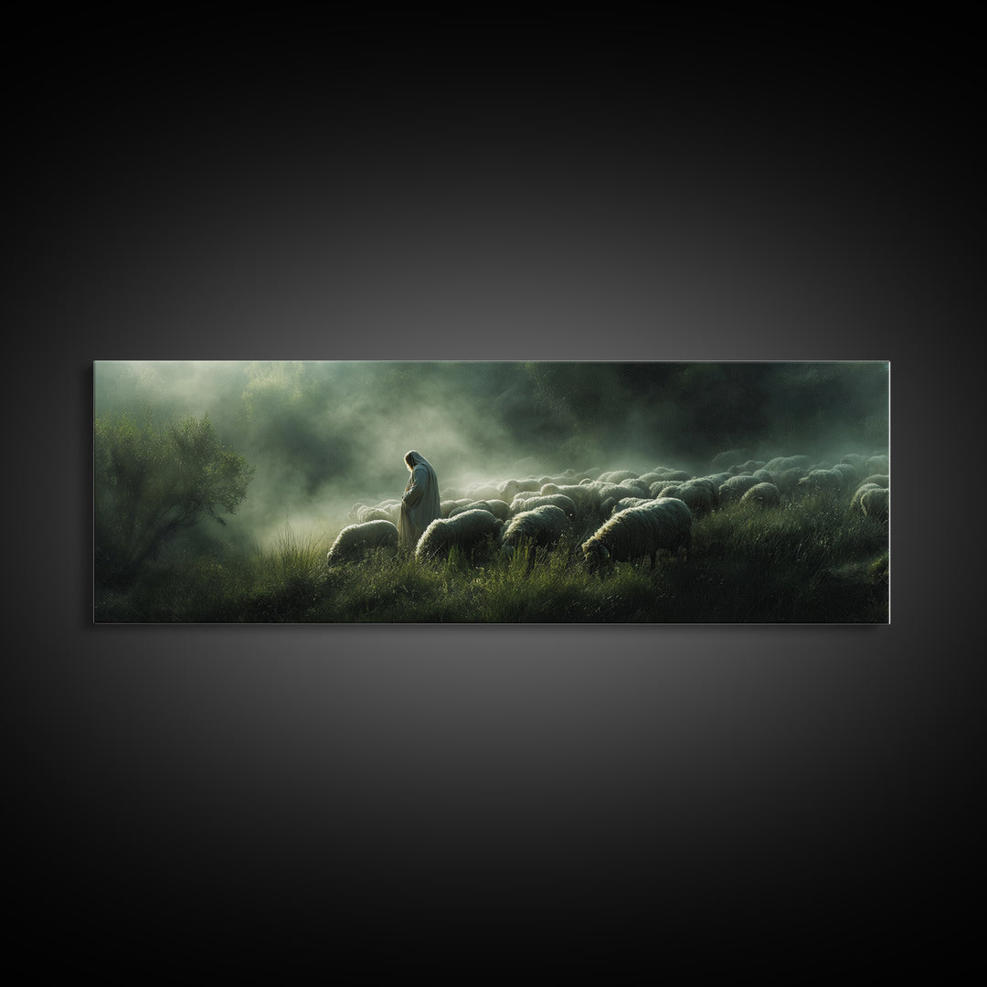 Haven Of The Shepherd, Framed Canvas Print, Panoramic Art, Christian Art Canvas, Jesus Painting, Christmas Decor