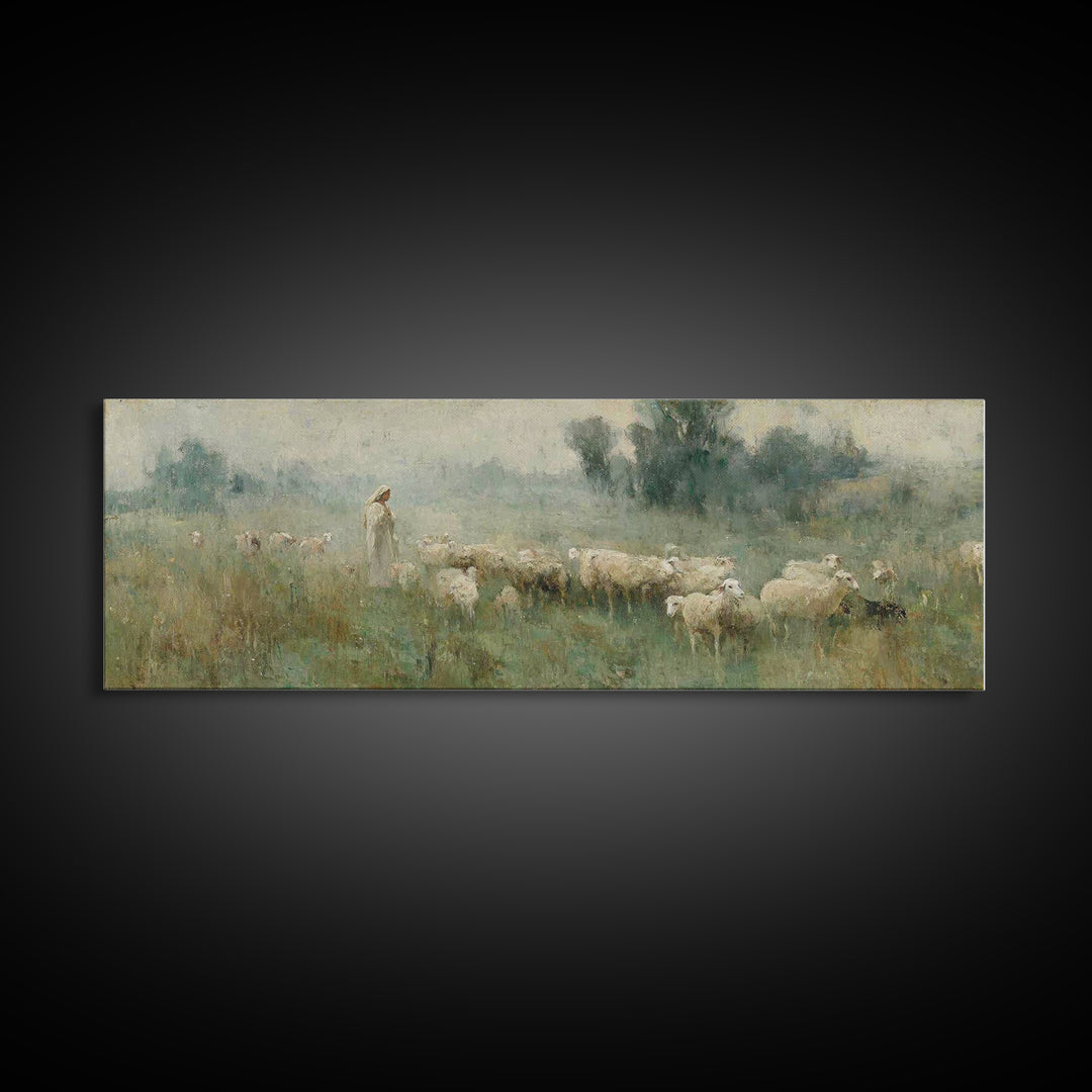 Meadow Of Guidance | Framed Canvas Print | Panoramic Wall Art | Christian Art | Jesus Painting | Christmas Art
