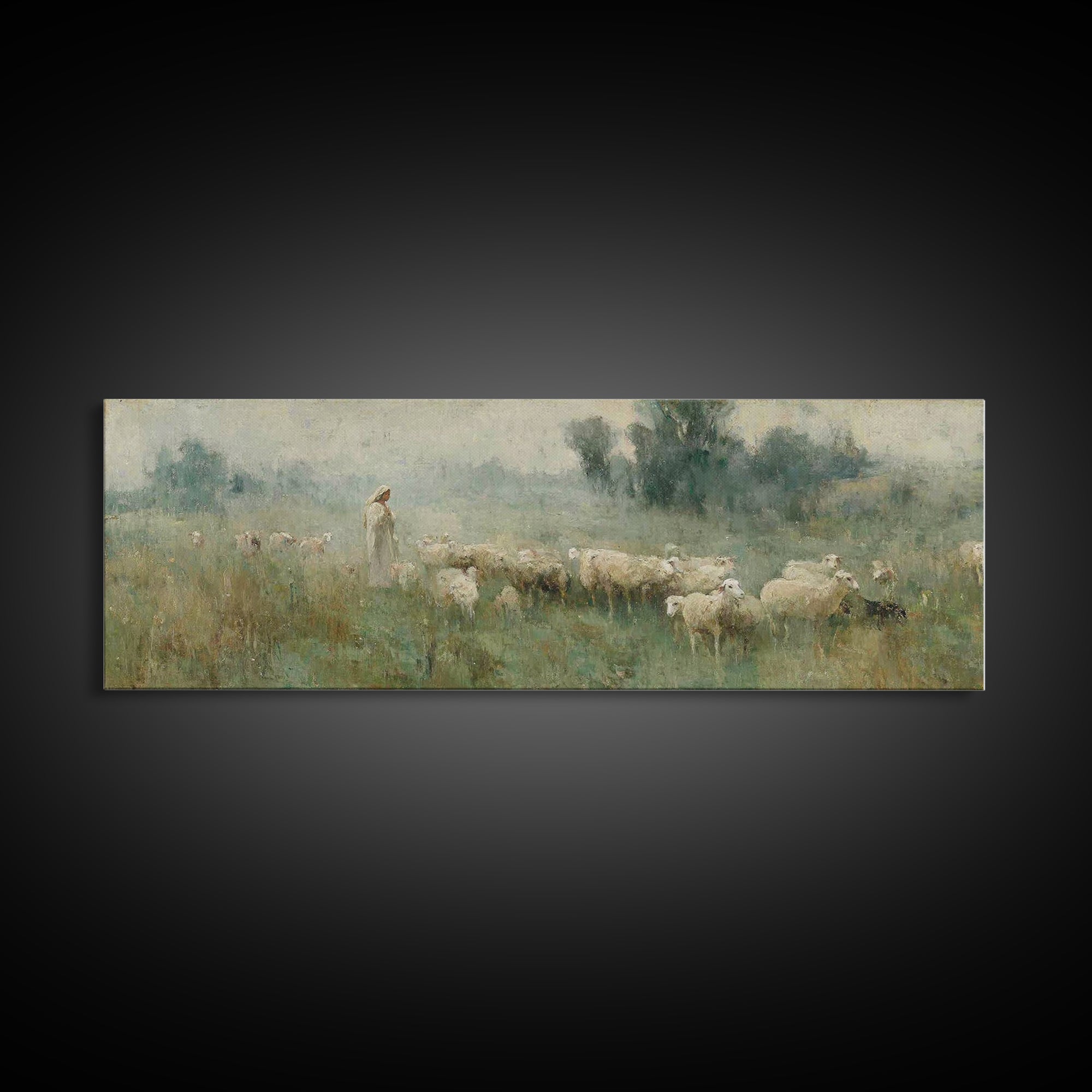 Meadow Of Guidance | Framed Canvas Print | Panoramic Wall Art | Christian Art | Jesus Painting | Christmas Art