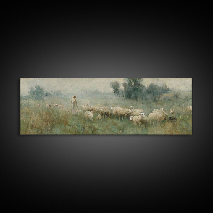 Meadow Of Guidance | Framed Canvas Print | Panoramic Wall Art | Christian Art | Jesus Painting | Christmas Art