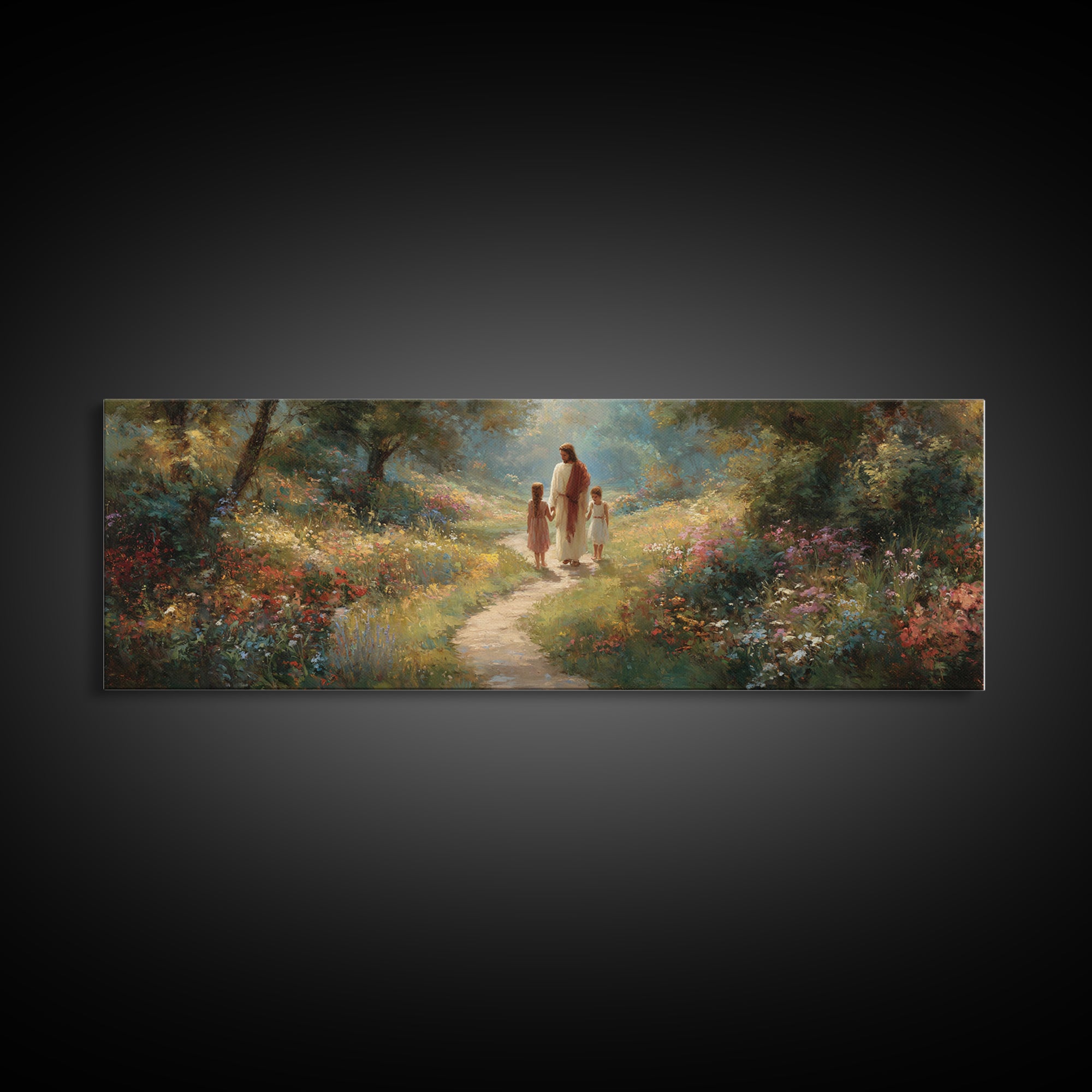 Sunlit Garden Peace – Framed Canvas Print – Panoramic Art – Jesus Painting – Christian Wall Art – Christian Art Print