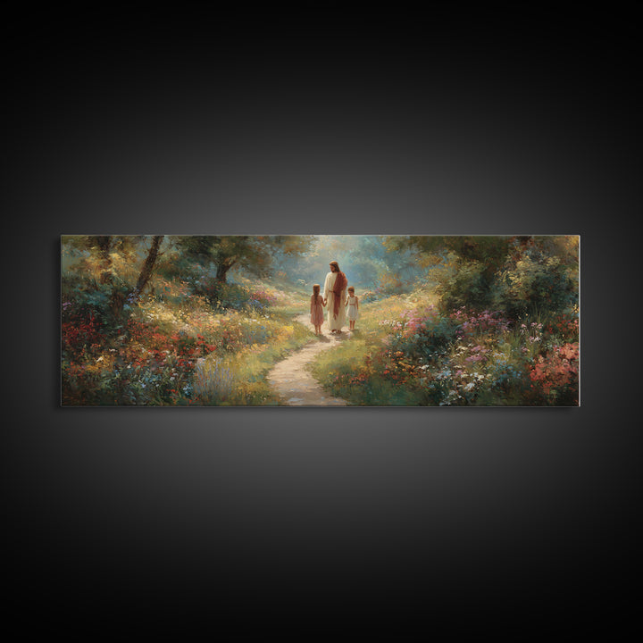 Sunlit Garden Peace – Framed Canvas Print – Panoramic Art – Jesus Painting – Christian Wall Art – Christian Art Print
