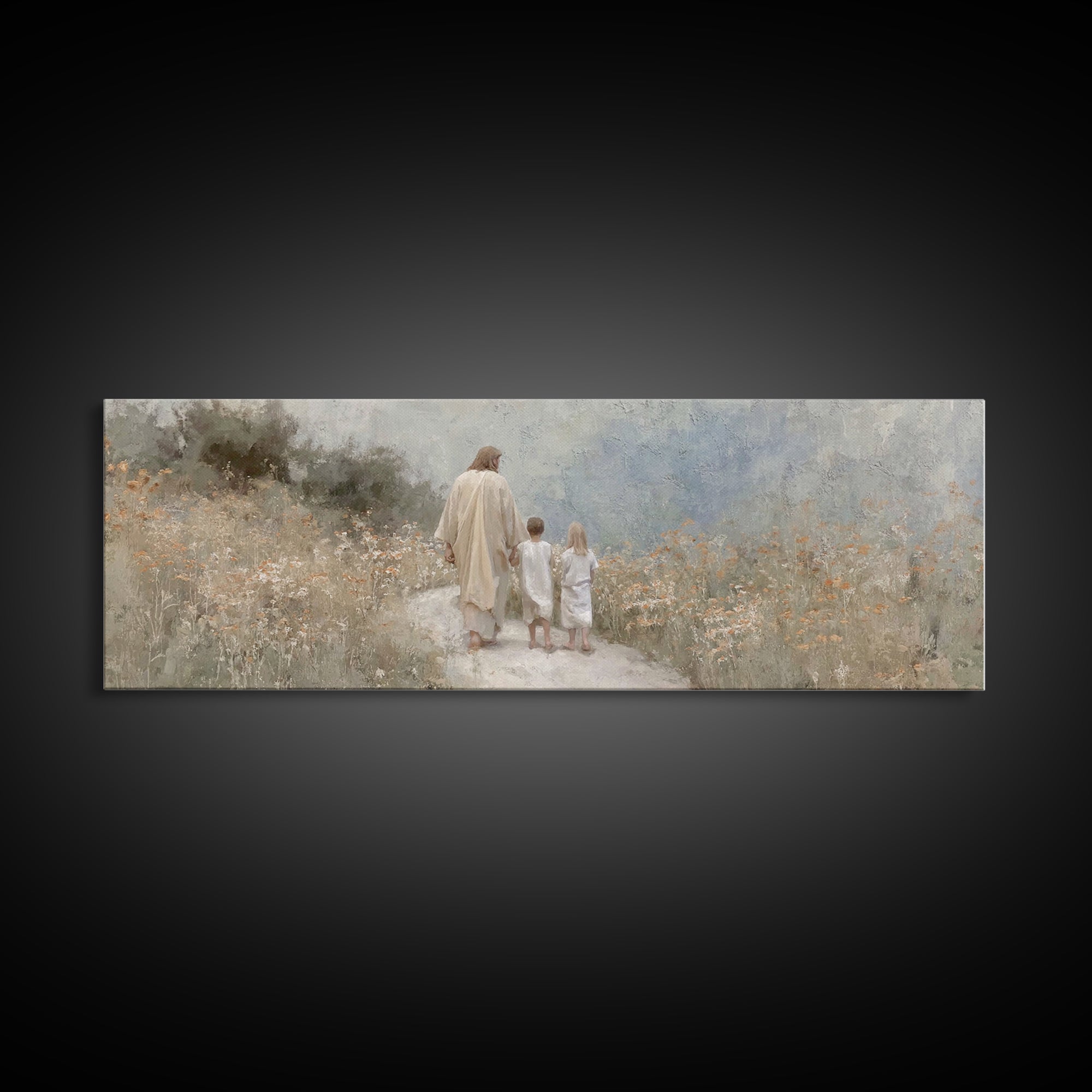 Quiet Meadow Journey, Framed Canvas Print, Panoramic Wall Art, Christian Art Print, Jesus Painting, Christian Art