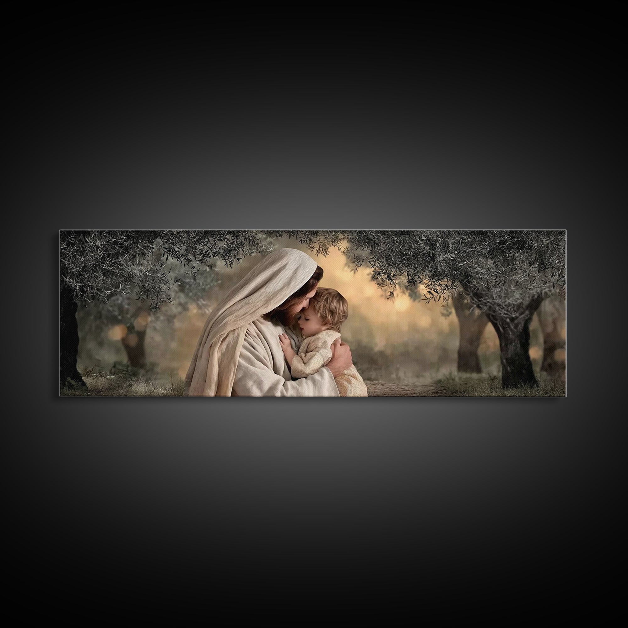 Garden Of Peace, Framed Canvas Print, Christian Wall Art, Jesus Painting, Panoramic Art, Christian Christmas Art, Christian Art Canvas