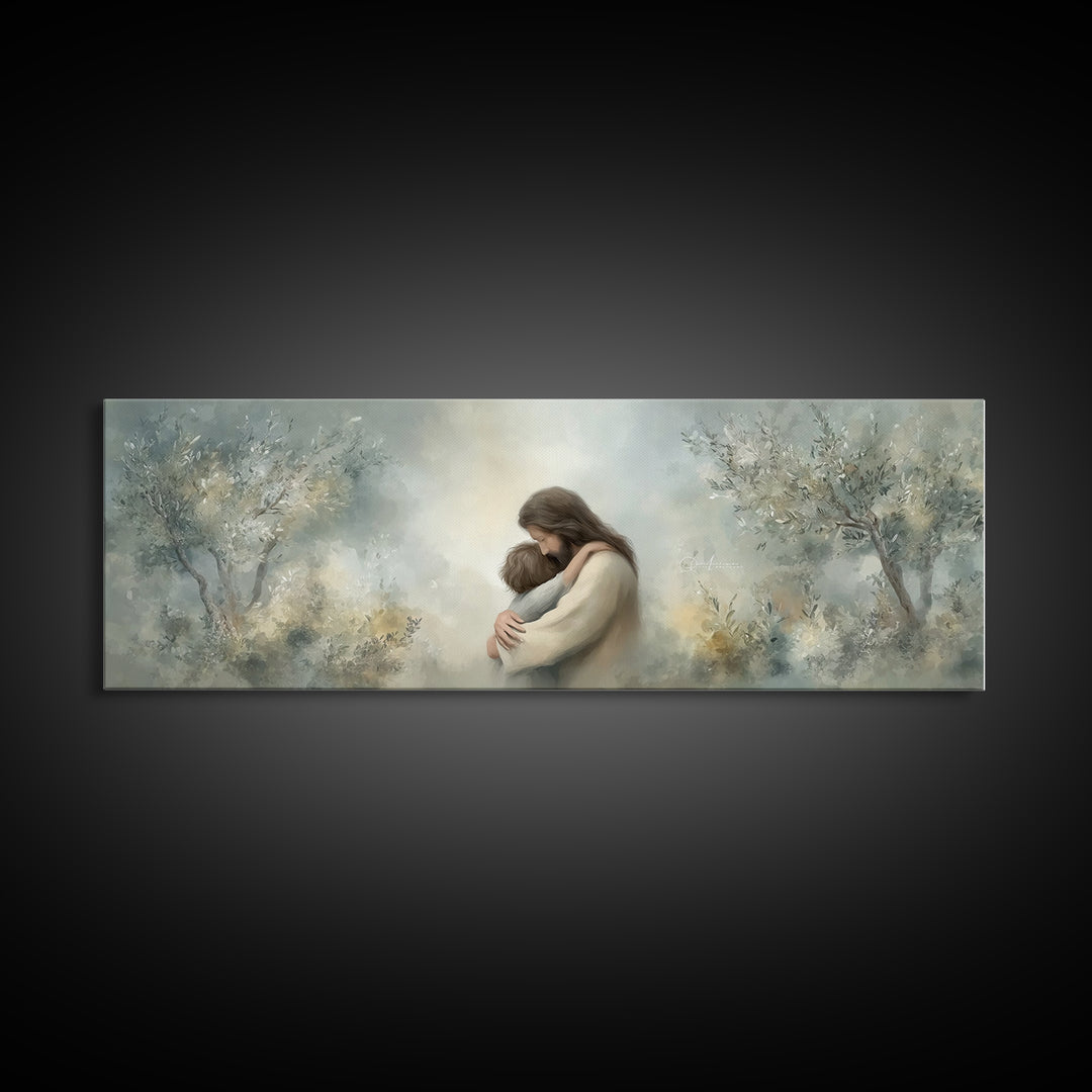 Olive Grove Calm | Framed Canvas Print | Christian Art Canvas | Jesus Painting | Panoramic Art | Christian Wall Art | Christian Gift Ideas