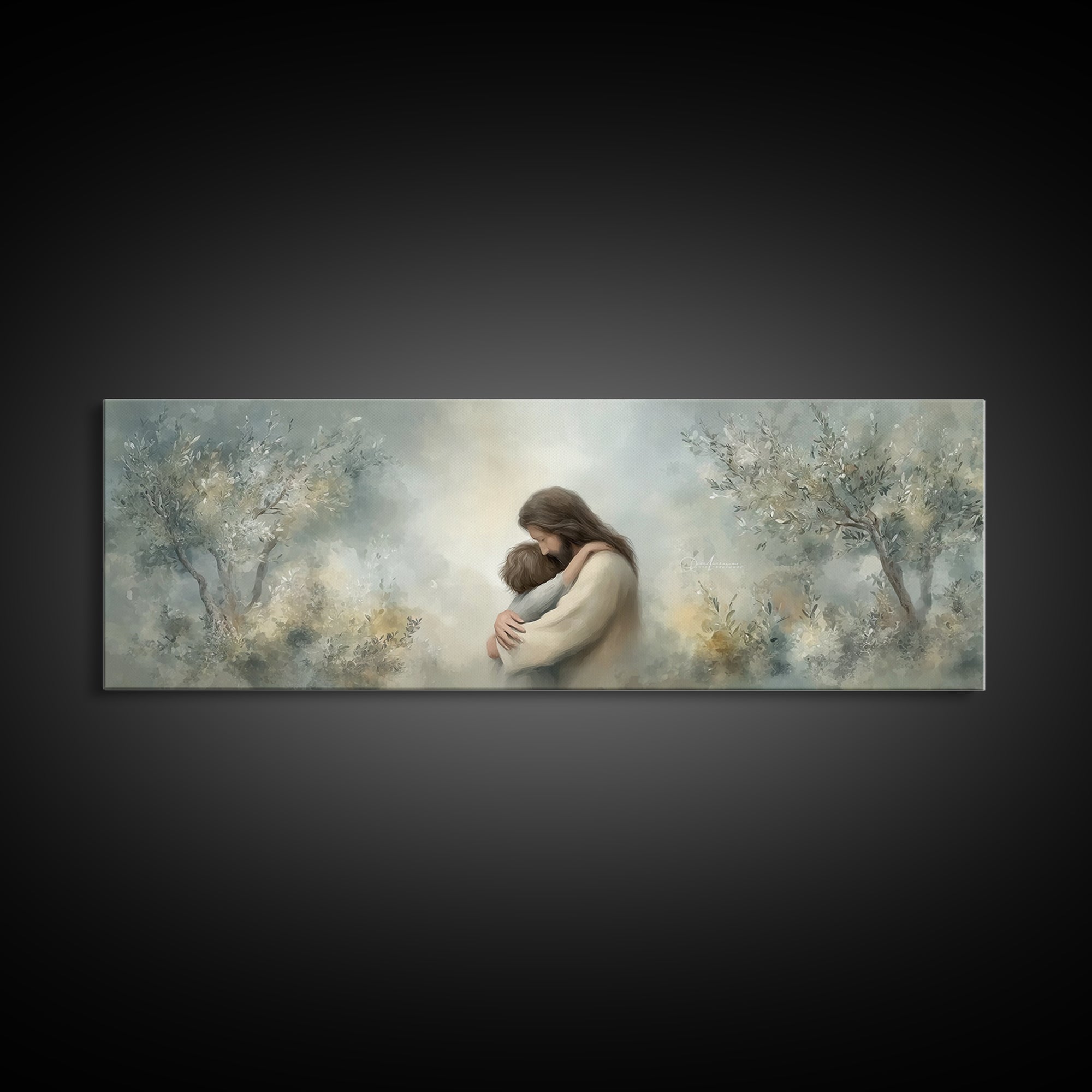 Olive Grove Calm | Framed Canvas Print | Christian Art Canvas | Jesus Painting | Panoramic Art | Christian Wall Art | Christian Gift Ideas