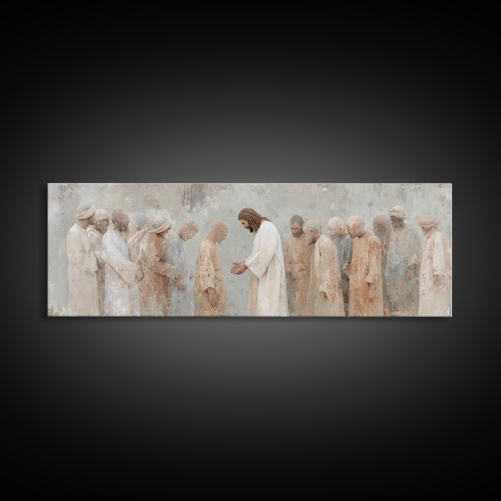 Healing At Dawn, Framed Canvas Print, Christian Art Canvas, Christian Wall Art, Panoramic Frame, Jesus Painting, Christian Art Print