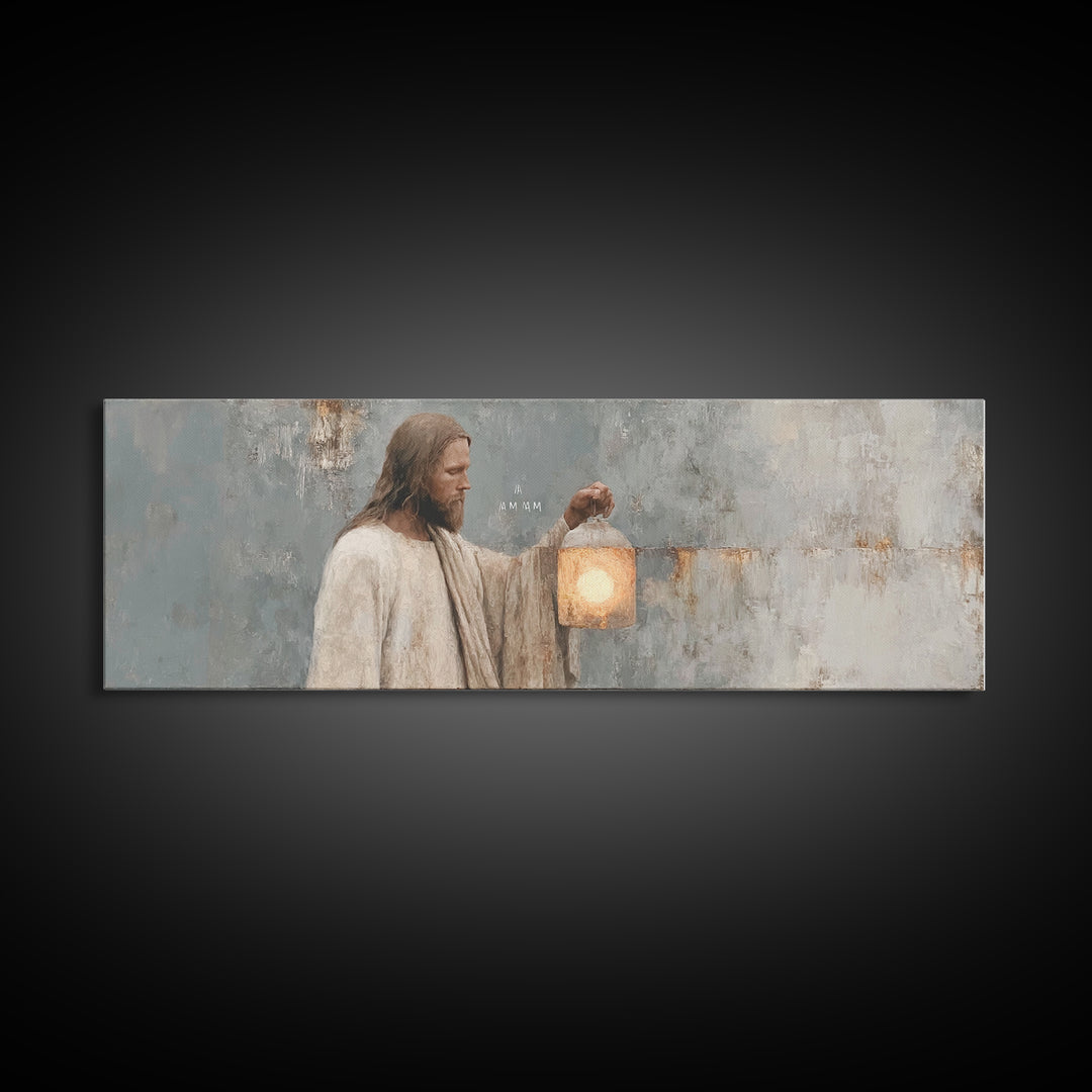 Guiding Lantern Light – Framed Canvas Print – Panoramic Art – Christian Wall Art – Jesus Painting – Christian Art Canvas – Christian Decor