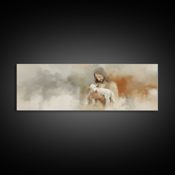 Lamb Of Comfort | Framed Canvas Print | Panoramic Painting | Christian Art Canvas | Jesus Painting | Christian Wall Art | Christian Gift