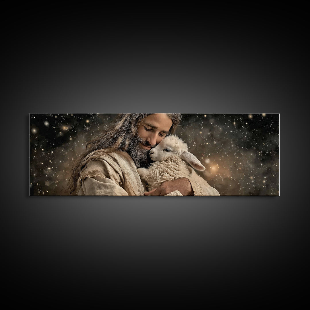 Heavenly Shepherd | Framed Canvas Print | Panoramic Art | Jesus Painting | Christian Art Canvas | Christian Wall Art | Christian Christmas