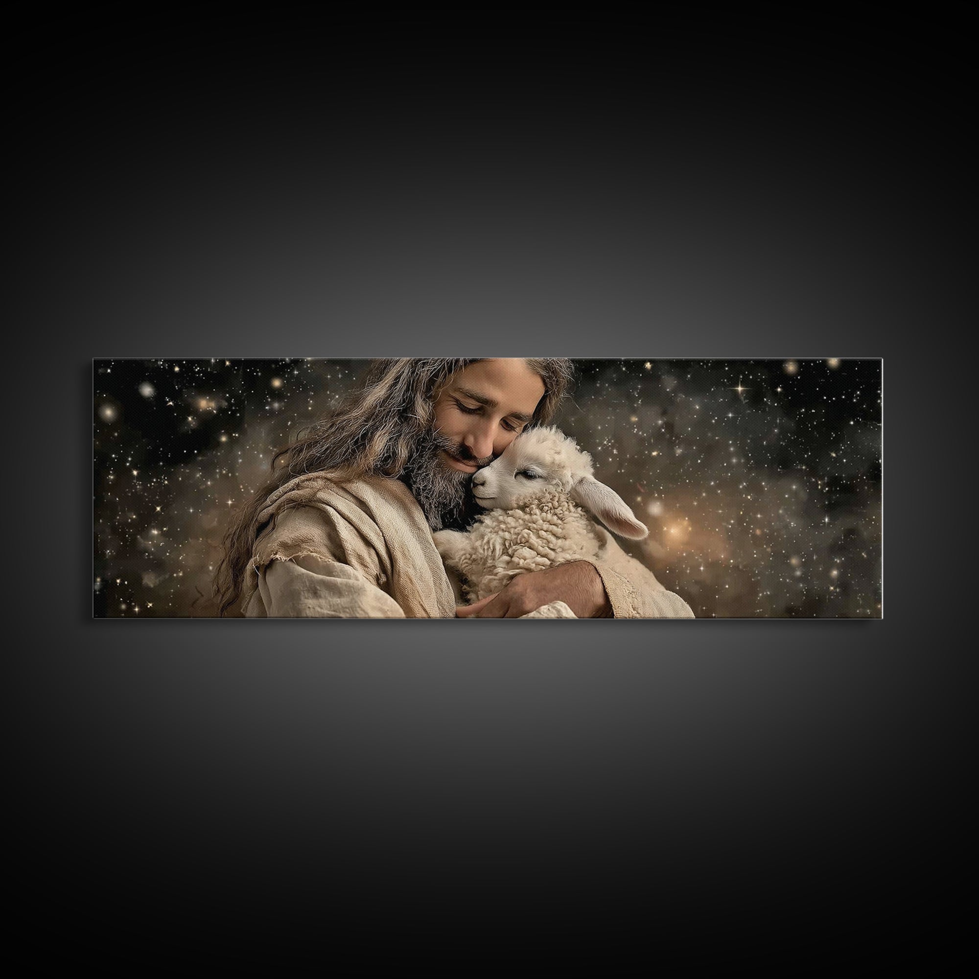 Heavenly Shepherd | Framed Canvas Print | Panoramic Art | Jesus Painting | Christian Art Canvas | Christian Wall Art | Christian Christmas