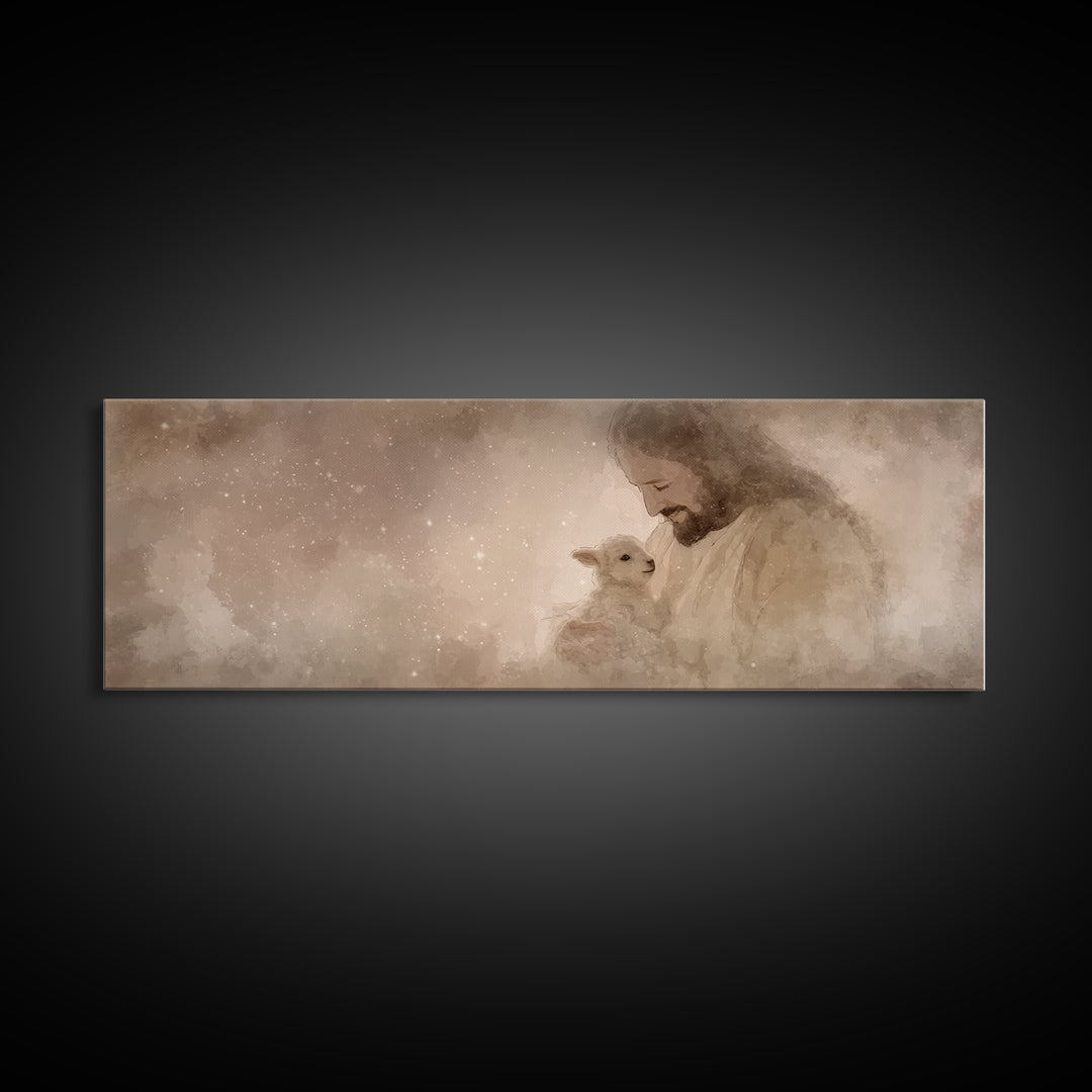 Blessed Night Lamb | Framed Canvas Print | Panoramic Art | Christian Art Print | Jesus Painting Canvas | Christian Wall Art | Christian Dec