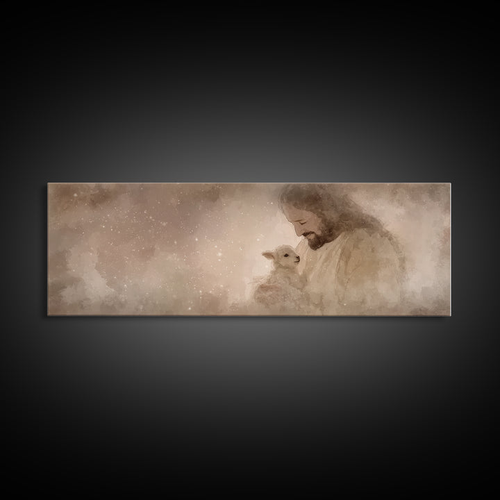 Blessed Night Lamb | Framed Canvas Print | Panoramic Art | Christian Art Print | Jesus Painting Canvas | Christian Wall Art | Christian Dec