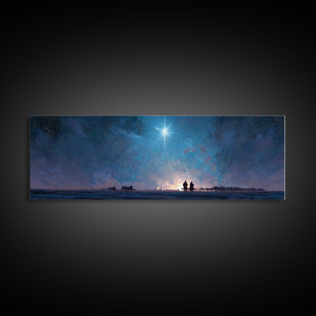 Heaven’s Guiding Star | Framed Canvas Print | Panoramic Wall Art | Christian Art | Christmas Art | Jesus Painting | Christian Art Canvas